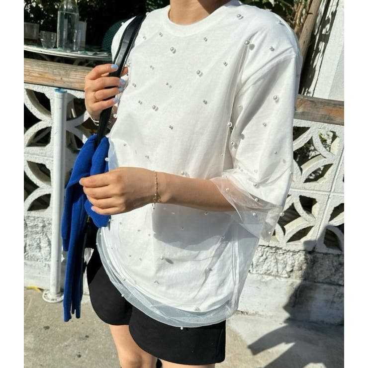 ホワイト | パール半袖レイヤードチュールTシャツ | Ulysses