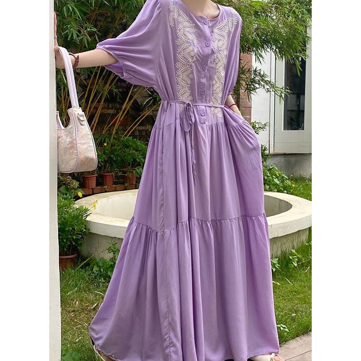 パープル | 刺繍ベルト付き半袖ノーカラーリラックスワンピース | Ulysses