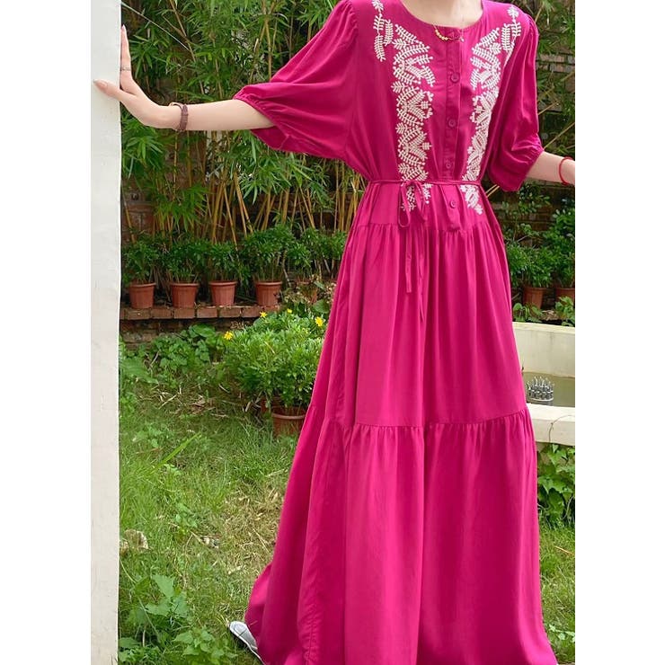 ローズ | 刺繍ベルト付き半袖ノーカラーリラックスワンピース | Ulysses