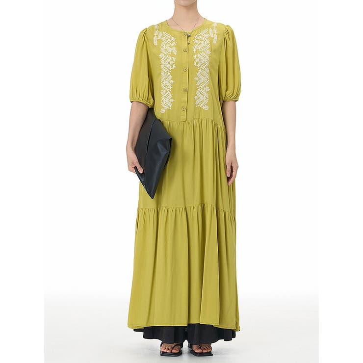 イエロー | 刺繍ベルト付き半袖ノーカラーリラックスワンピース | Ulysses