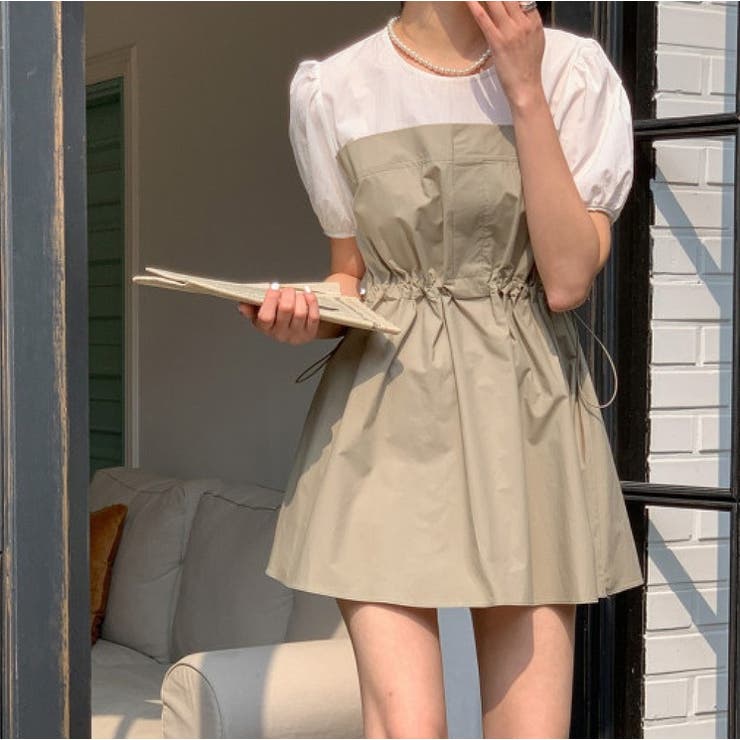 モカ | パフスリーブドローストリング切り替え半袖ノーカラーワンピース | Ulysses