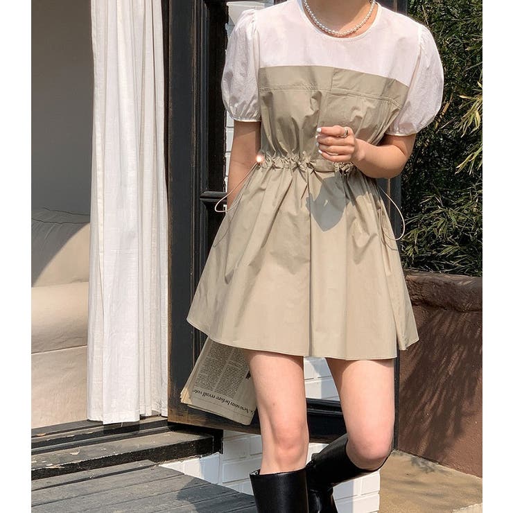 パフスリーブドローストリング切り替え半袖ノーカラーワンピース | Ulysses | 詳細画像1 