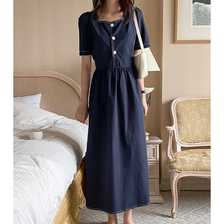 ネイビー | 半袖スクエアネックラインワンピース | Ulysses