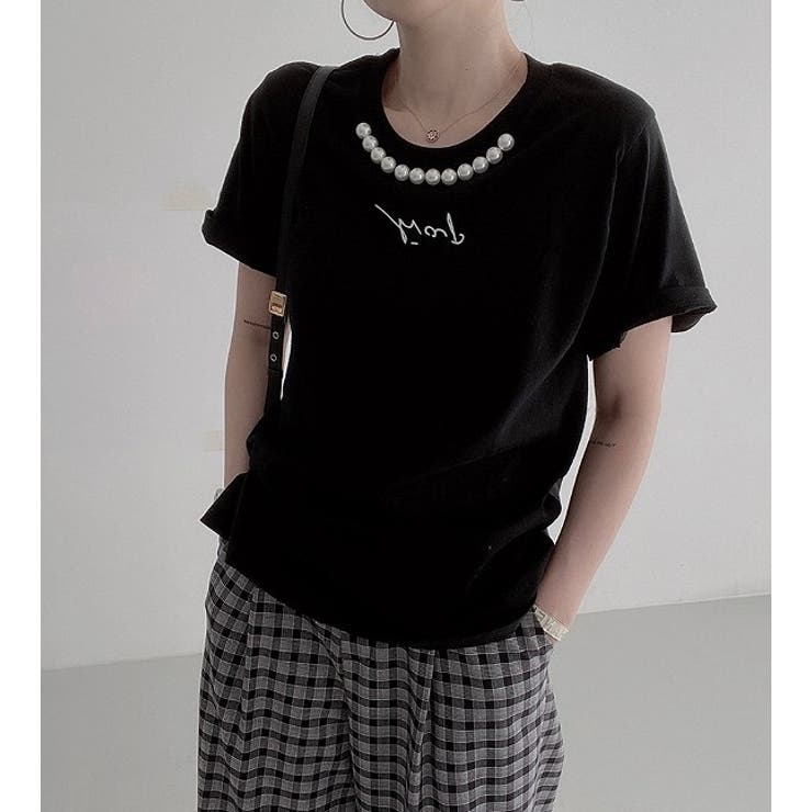 ブラック | シンプルクルーネックパール付きプリント無地TEE | Ulysses
