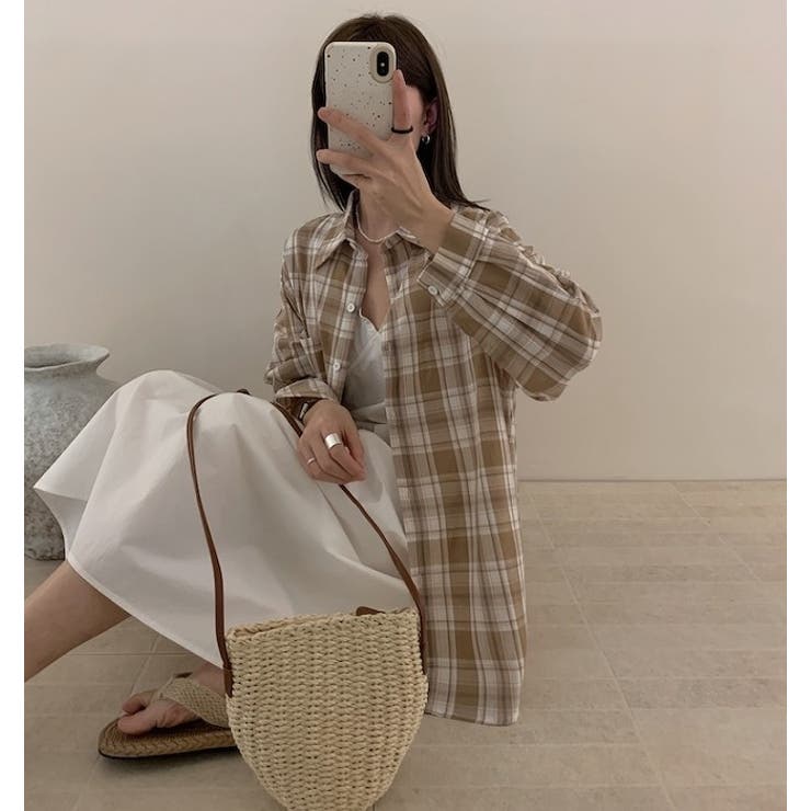 ベージュ | 大人カジュアル襟付きシングルブレストポケット付きチェック柄シャツ | Ulysses