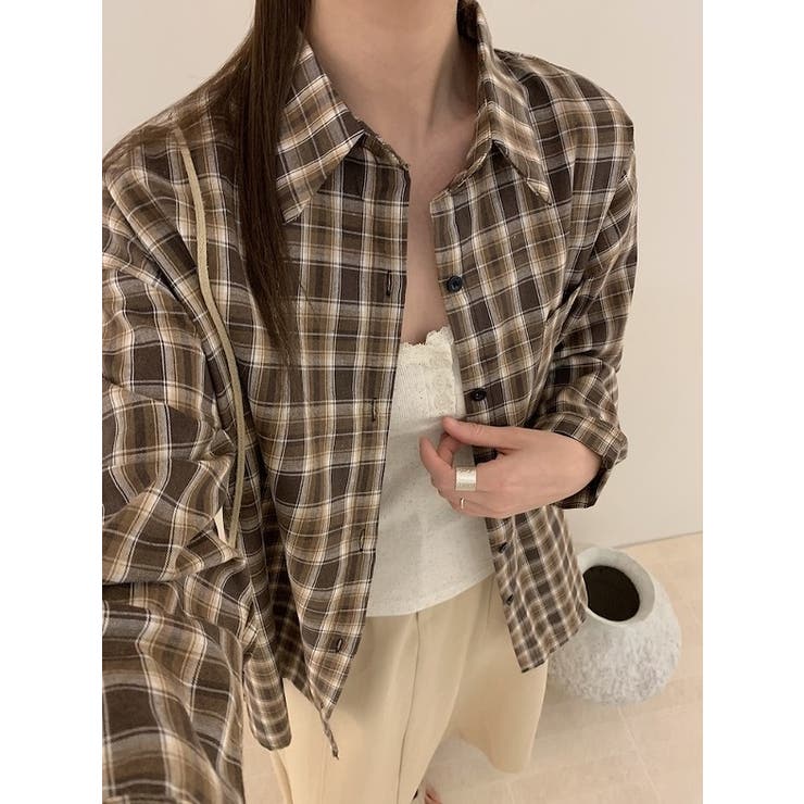 ブラウン | 大人カジュアル襟付きシングルブレストポケット付きチェック柄シャツ | Ulysses