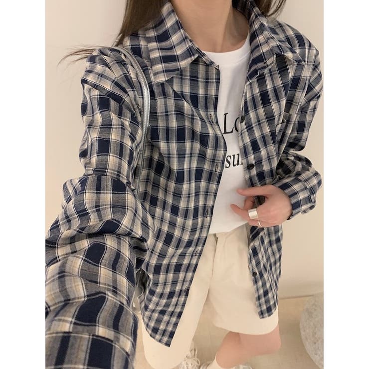 ブルー | 大人カジュアル襟付きシングルブレストポケット付きチェック柄シャツ | Ulysses