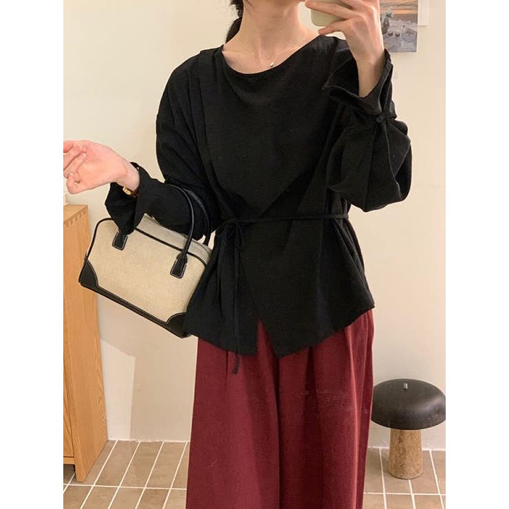 ブラック | クルーネックボタン付きベルト付き無地トップス | Ulysses