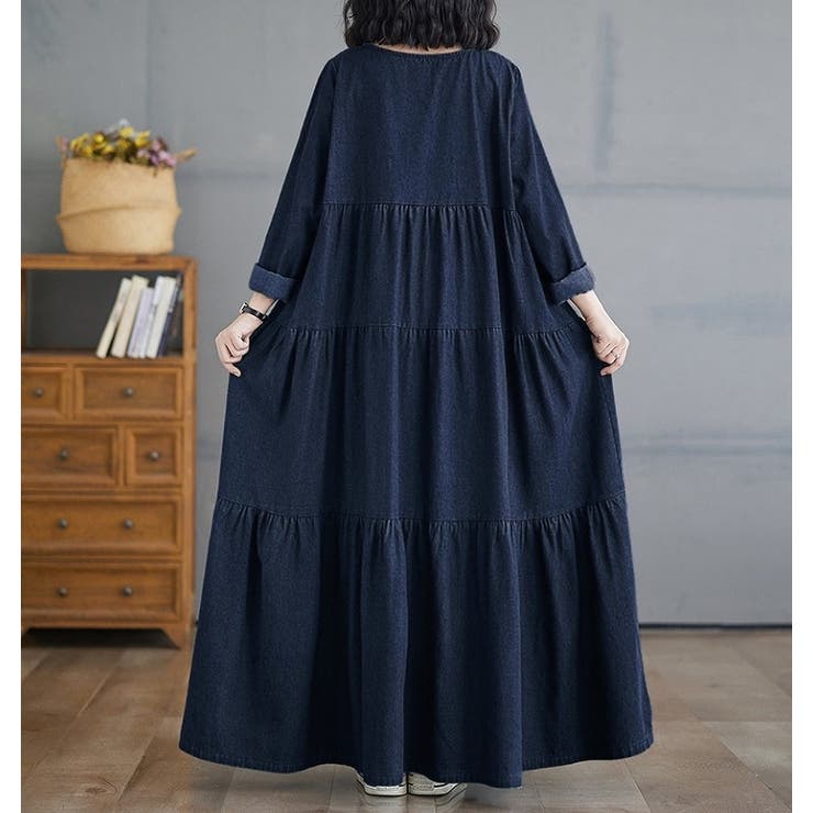 シンプルクルーネックポケット付き無地デニムワンピース | Ulysses | 詳細画像1 