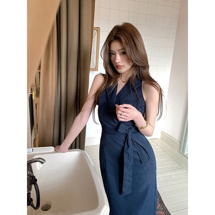 フェミニンなVネック袖なし無地ワンピース | Ulysses | 詳細画像3 