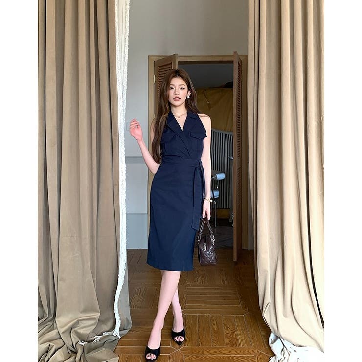 フェミニンなVネック袖なし無地ワンピース | Ulysses | 詳細画像7 