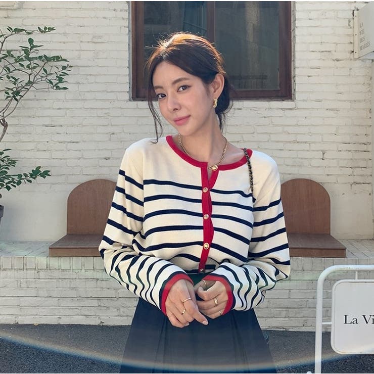 大人カジュアルクルーネックシングルブレストボーダーカーディガン | Ulysses | 詳細画像1 