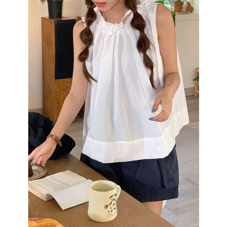 ホワイト | クルーネック袖なしドローストリングトップス | Ulysses