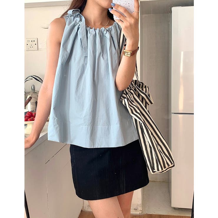 ブルー | クルーネック袖なしドローストリングトップス | Ulysses