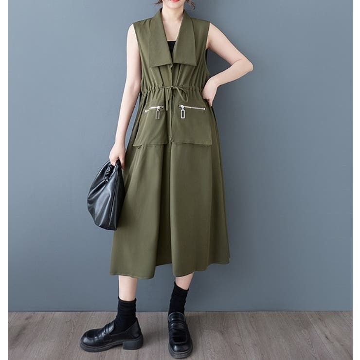 カーキ | Vネック袖なしポケット付きシャツワンピース | Ulysses
