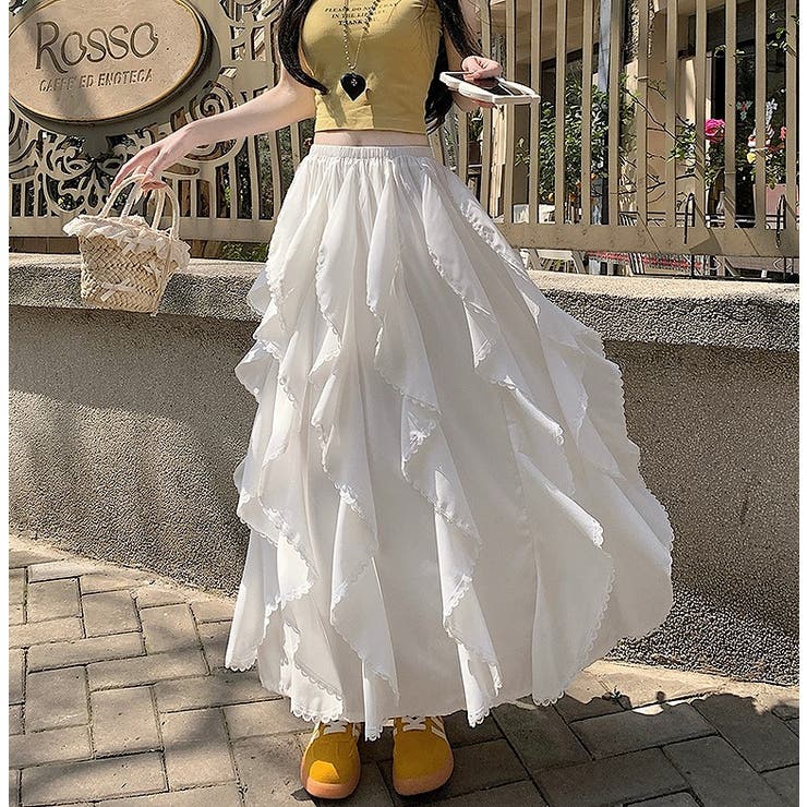 ホワイト | ハイウエストゴム付きレース付きスカート | Ulysses