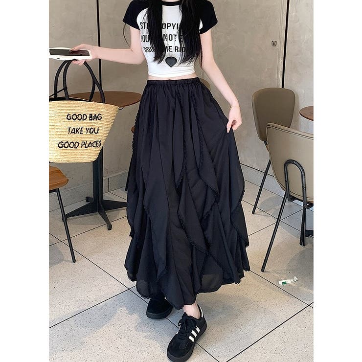 ブラック | ハイウエストゴム付きレース付きスカート | Ulysses