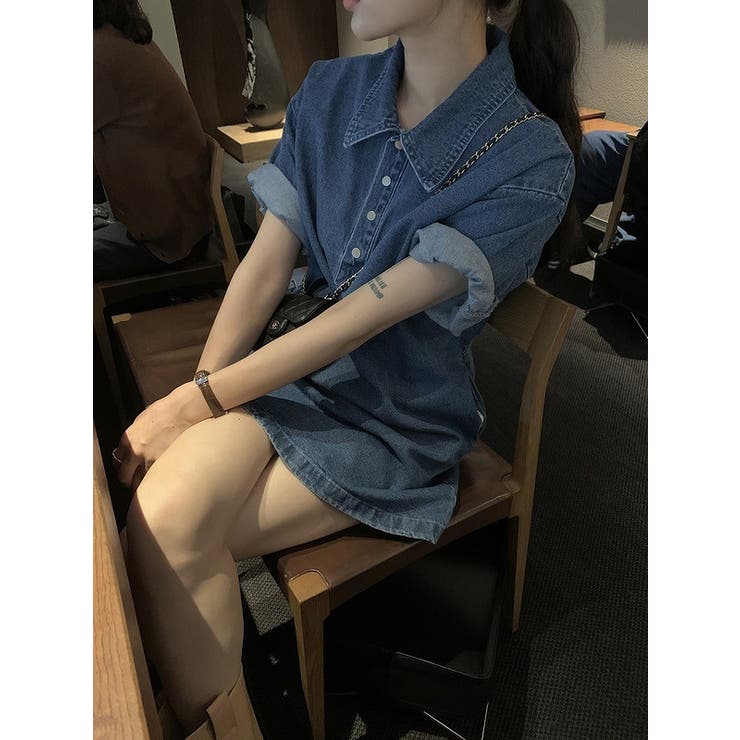 ダークブルー | 襟付きシングルブレストポケット付きデニムワンピース | Ulysses