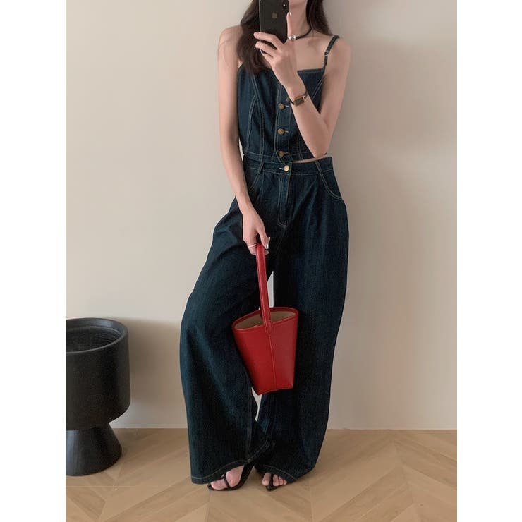 シングルブレストキャミソールワイドパンツデニムセットアップ