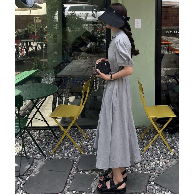 襟付きシングルブレストリボンポケット付きワンピース[品番