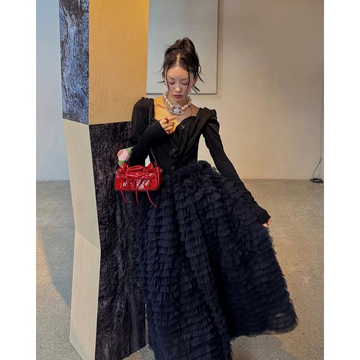 ネイビー | ハイウエストゴム付きチュールスカート | Ulysses