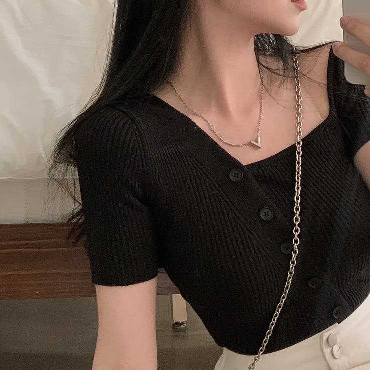 アシメネックボタンデザイン半袖ニット | Ulysses | 詳細画像5 