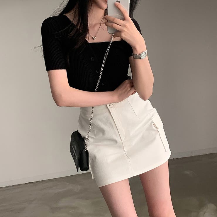 アシメネックボタンデザイン半袖ニット | Ulysses | 詳細画像6 