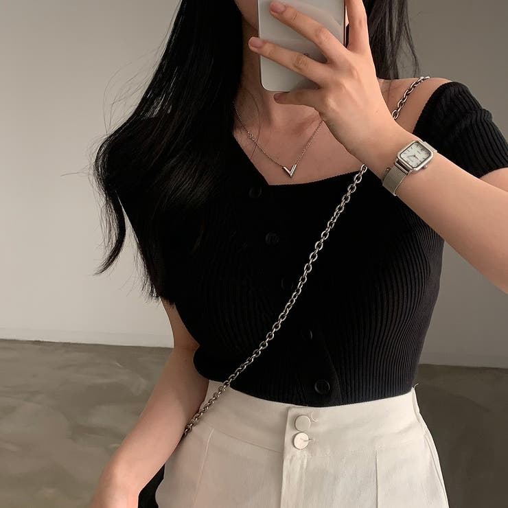 アシメネックボタンデザイン半袖ニット | Ulysses | 詳細画像7 