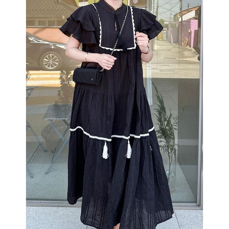 ブラック | リボン付き半袖ワンピース | Ulysses