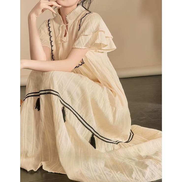 ベージュ | リボン付き半袖ワンピース | Ulysses