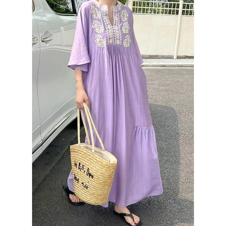 パープル | 刺繍半袖ロングVネックワンピース | Ulysses