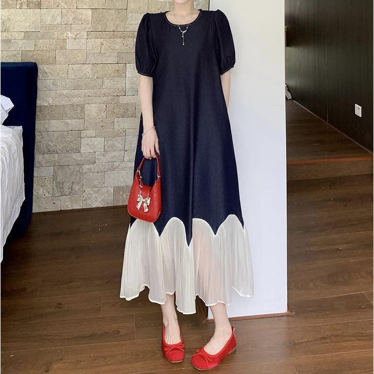 ダークブルー | チュール切り替え半袖ロングワンピース | Ulysses