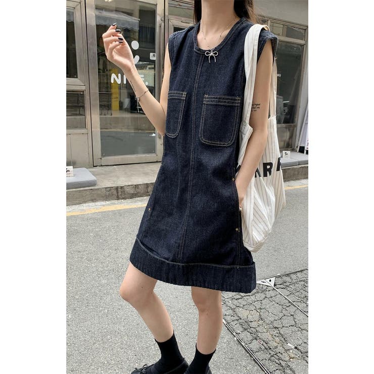 ダークブルー | ポケット付き袖なしデニムワンピース | Ulysses