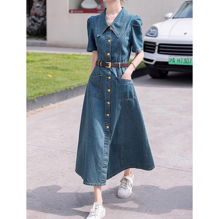 ブルー | ベルト付き半袖デニムワンピース | Ulysses