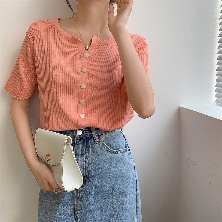 シングルブレスト半袖ニットトップス[品番：NTRW0010281