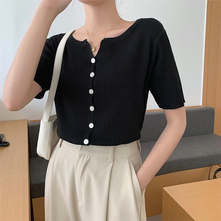 シングルブレスト半袖ニットトップス[品番：NTRW0010281