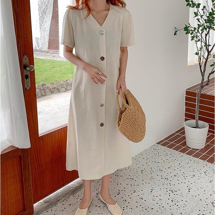 ベージュ | 半袖Vネックシングルブレストワンピース | Ulysses