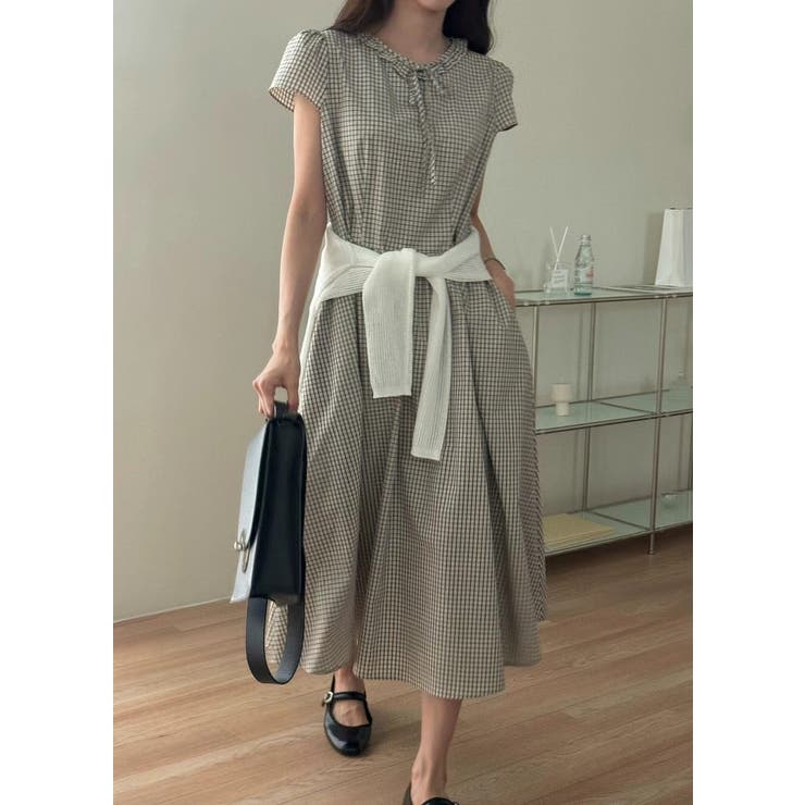 ベージュ | フリル半袖チェック柄ワンピース | Ulysses