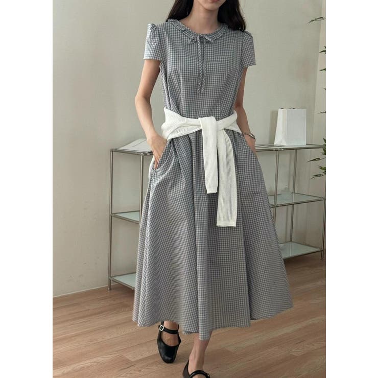 グレー | フリル半袖チェック柄ワンピース | Ulysses