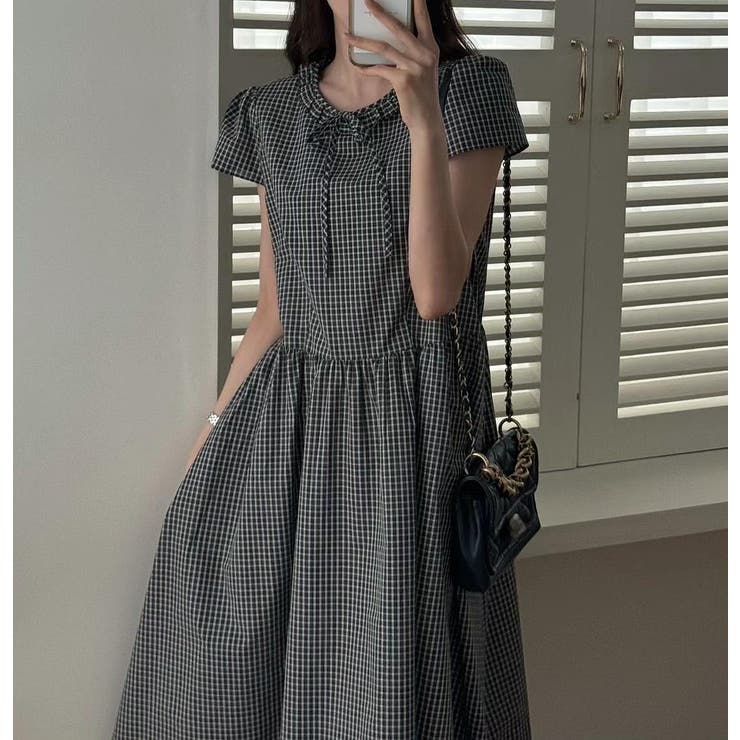 ブラック | フリル半袖チェック柄ワンピース | Ulysses