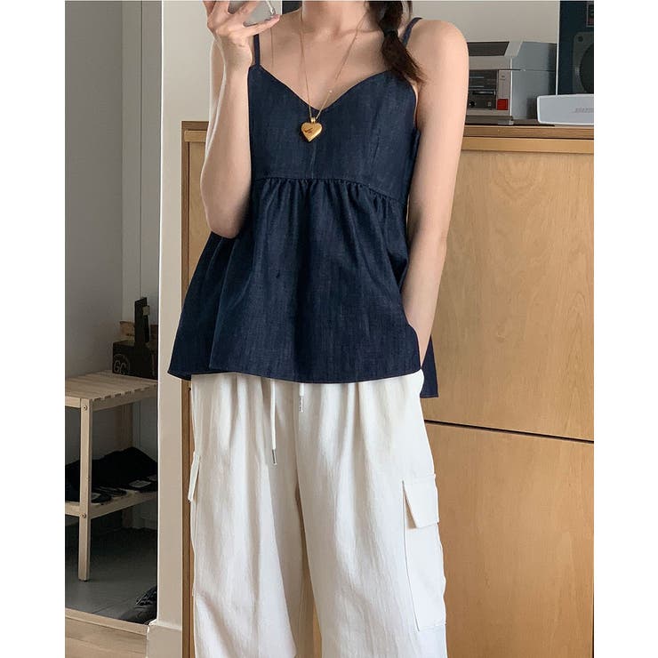 デニムキャミトップスゴム付きワイドパンツセットアップ[品番