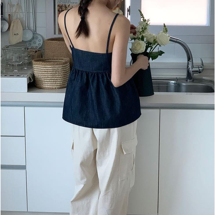 デニム キャミトップス ワイドパンツ セットアップ お洒落 夏 セットアップ】デニム ショート丈キャミソール ジーンズ ワイド