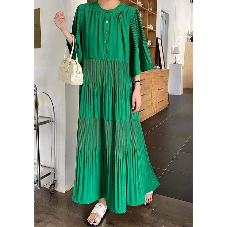 グリーン | プリーツフレア袖ワンピース | Ulysses