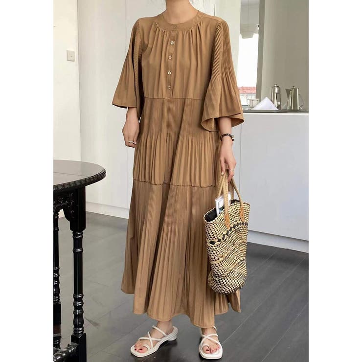 ライトブラウン | プリーツフレア袖ワンピース | Ulysses