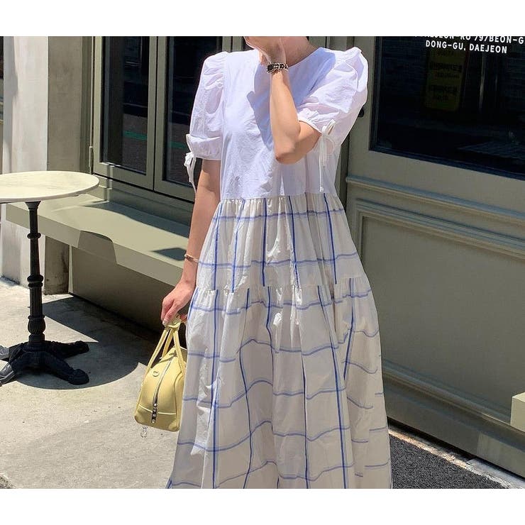 ホワイト | リボン切り替えチェック柄半袖ワンピース | Ulysses