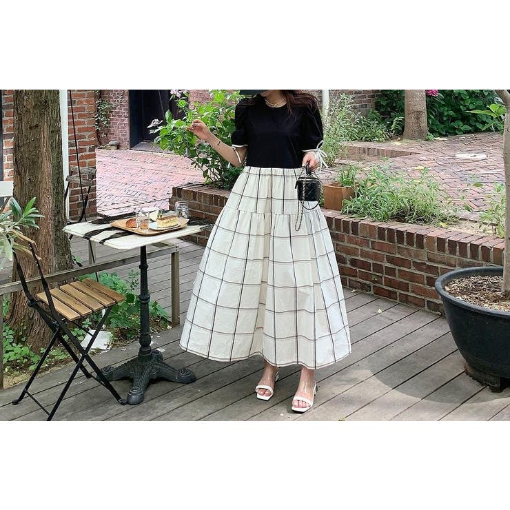 ブラック | リボン切り替えチェック柄半袖ワンピース | Ulysses