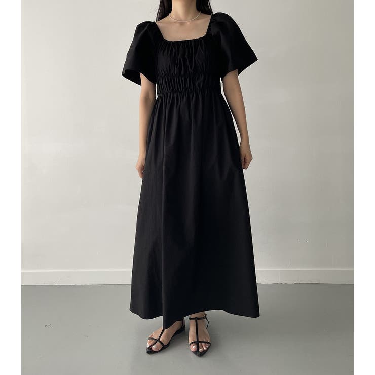 ブラック | ボートネック/スクエアネックライン半袖ワンピース | Ulysses