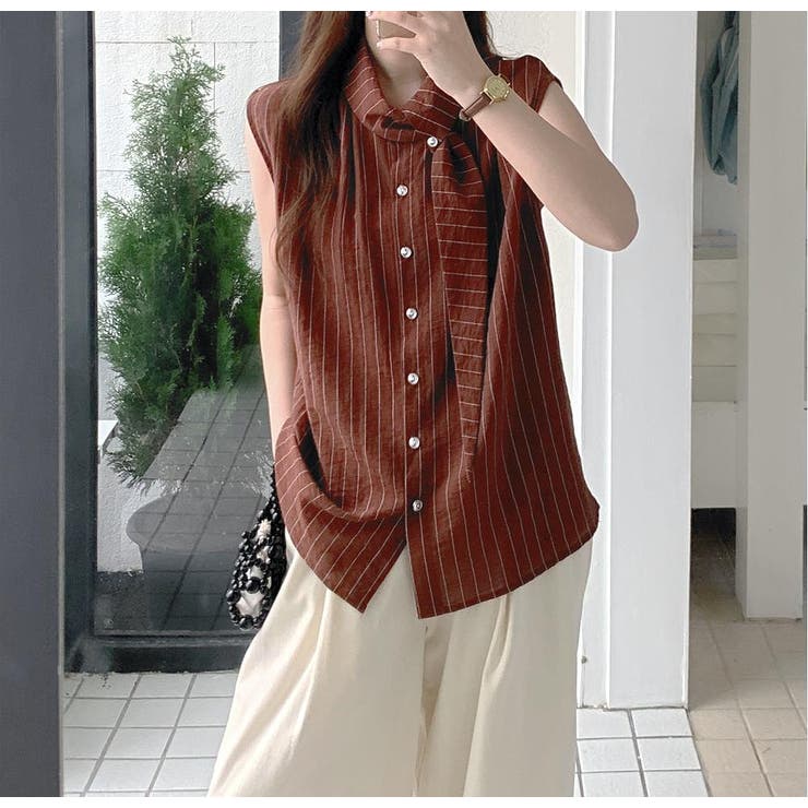 ストライプシングルブレスト袖なしシャツ[品番：NTRW0010464