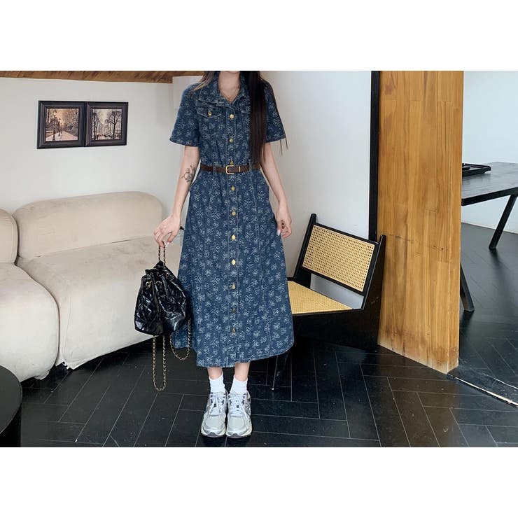 ブルー | ベルト付きジャカード半袖シングルブレストデニムワンピース | Ulysses