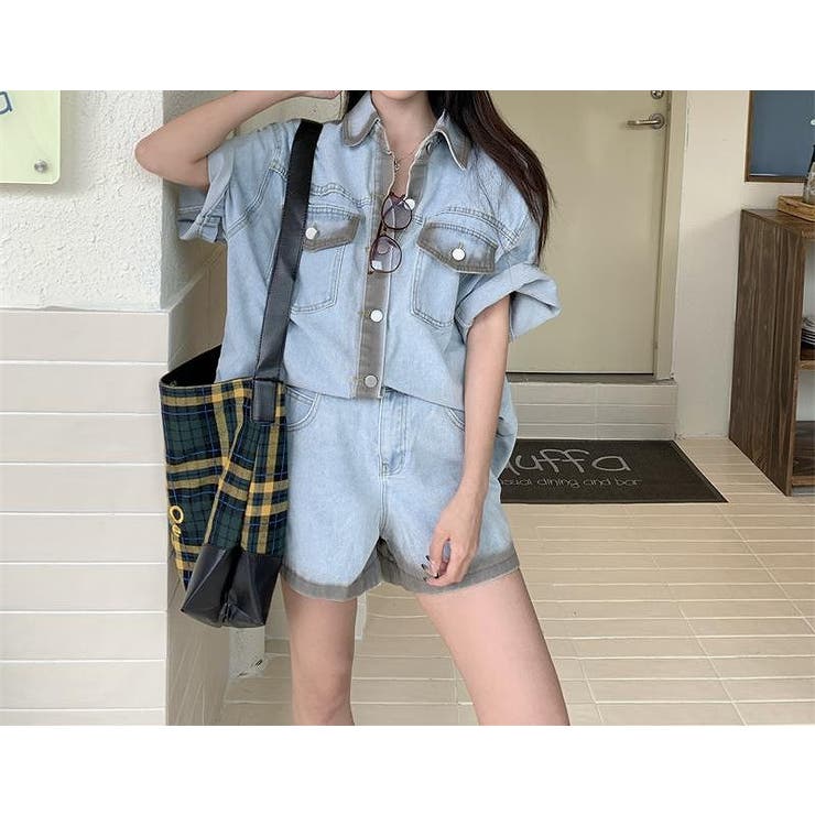 セットアップ デニム調 半袖シャツ＋ショートパンツ ブルー Amazon.co.jp: [KSLAT] セットアップ レディース デニム